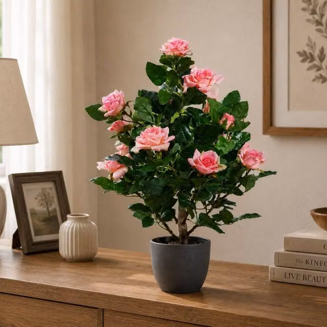 Marco Paul Pink Artificial Rose Potted Plant, Height: 60 cm