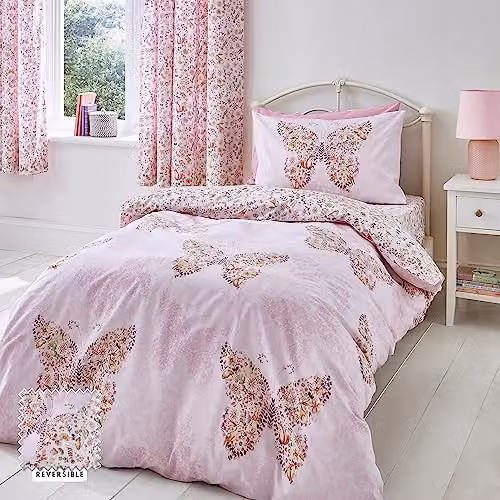 Catherine Lansfield Enchanted Butterfly Reversible Double Duvet Cover Set with Pillowcases, Pink, W/D/H: 200 x 200 cm, Pillowcases: 50 x 75 cm