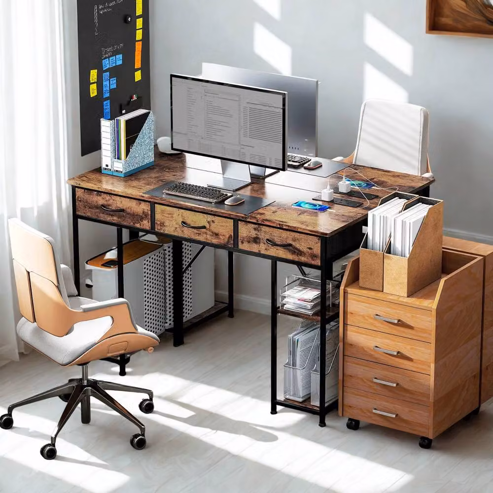 FURNOS Industrial Computer Desk with Drawers and USB Outlets, Brown, W: 120 cm, D: 40 cm, H: 76 cm – 3
