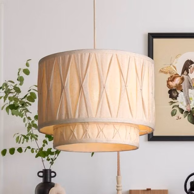 Lighting Collection Natural 2 Tier Linen Pinch Pleat Cylinder Lamp Shade in Beige, Diameter: 30 cm