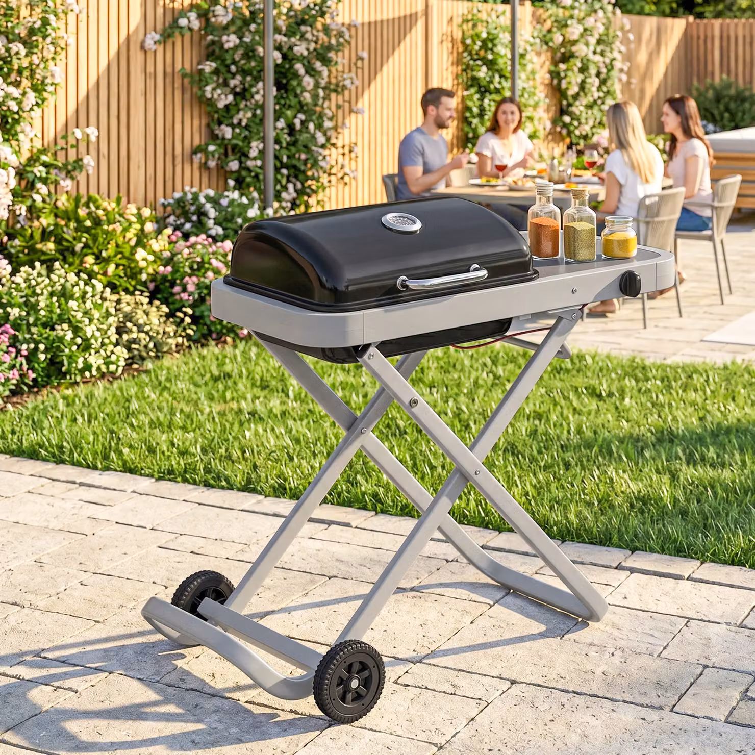 Outsunny Foldable Gas BBQ Grill with Side Table and Thermometer, Black, 2.5 kW – 9