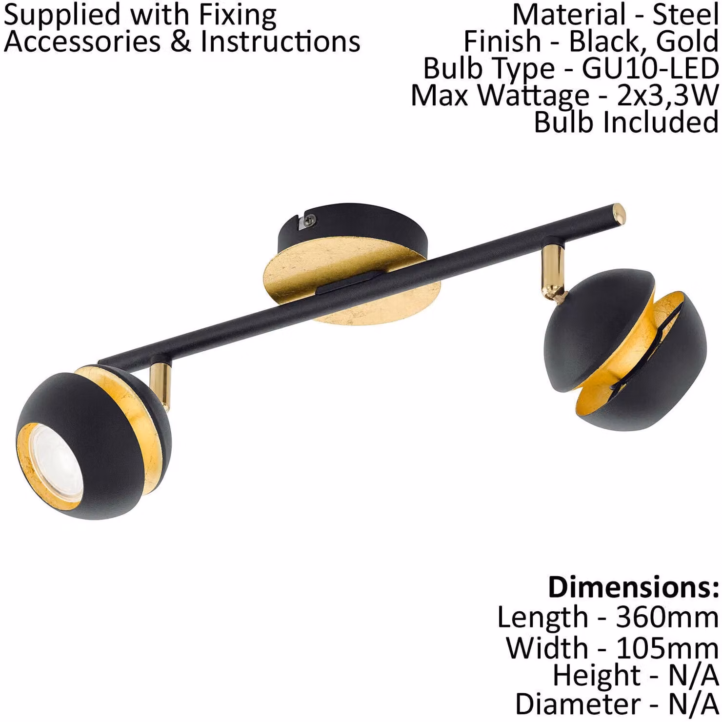 Loops Modern Black and Gold Metal Twin Ceiling Spot Light and 2x Matching Adjustable Wall Lights Set – 2