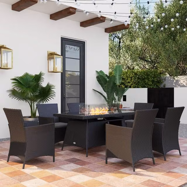 Outsunny 7 Piece Rattan Garden Furniture Set with Fire Pit Table in Black – 9