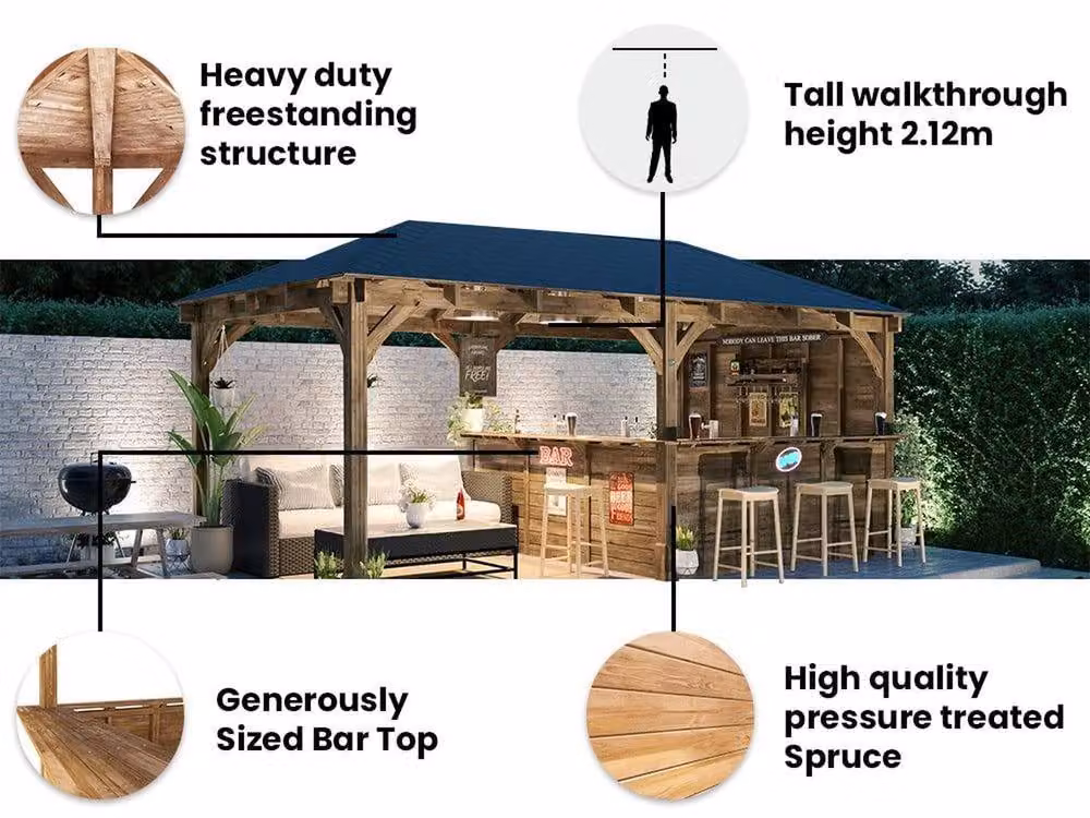 Dunster House Leviathan Garden Bar Outdoor Pub Shed with Counter in Brown, W: 600 cm, D: 300 cm, H: 212 cm – 4
