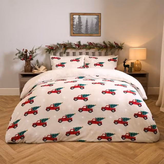 OHS Home For Christmas Sherpa Duvet Set in Beige and Yellow, W/D/H: 180 x 200 cm