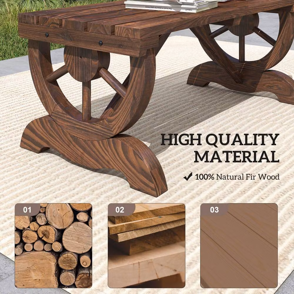 Outsunny Rustic Wooden Two Seater Wagon Wheel Garden Bench in Brown – 4