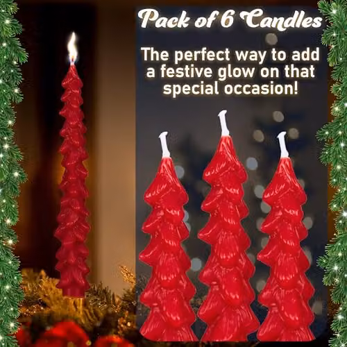 Deco Express Christmas Tree Dinner Candle Set of 6 in Red – 7