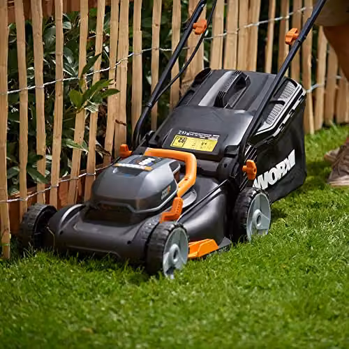 WORX WG927E PowerShare 40V Lawnmower and Trimmer Twin Pack in Orange and Multicolour with Rechargeable Battery and Quick Charger – 3