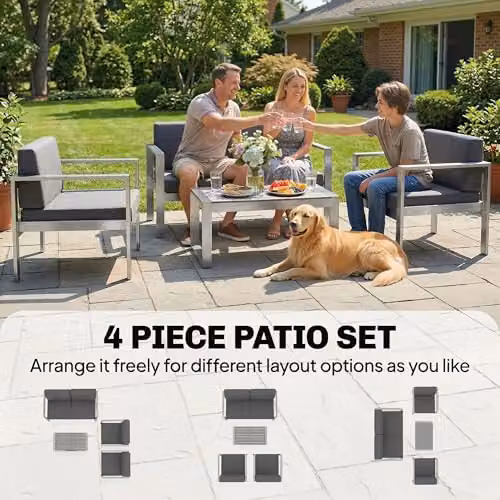 Outsunny 4 Seater Aluminium Garden Furniture Set with Dark Grey Olefin Cushions – 5
