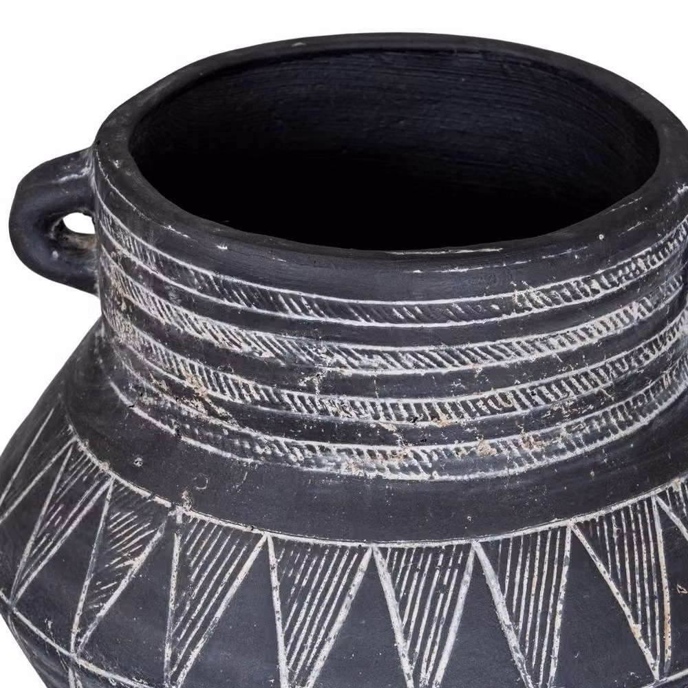 Lemon Pavilion Etched Collection Tall Ceramic Pot with Handle, Black, W: 27 cm, D: 27 cm, H: 24 cm – 4