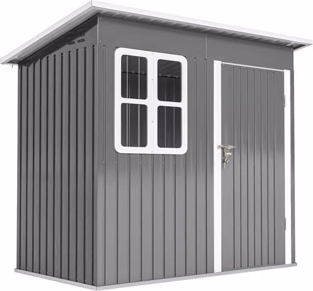 Outsunny Eco-friendly Pent Garden Storage Shed with Galvanised Steel Frame, Window and Lockable Single Door, Dark Grey, W: 213.36 cm, D: 121.92 cm, H: 190.5 cm – 1