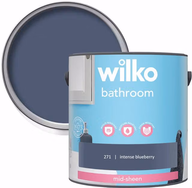 wilko Mid Sheen Mould Resistant Bathroom Emulsion Paint, Blue, 2.5 l