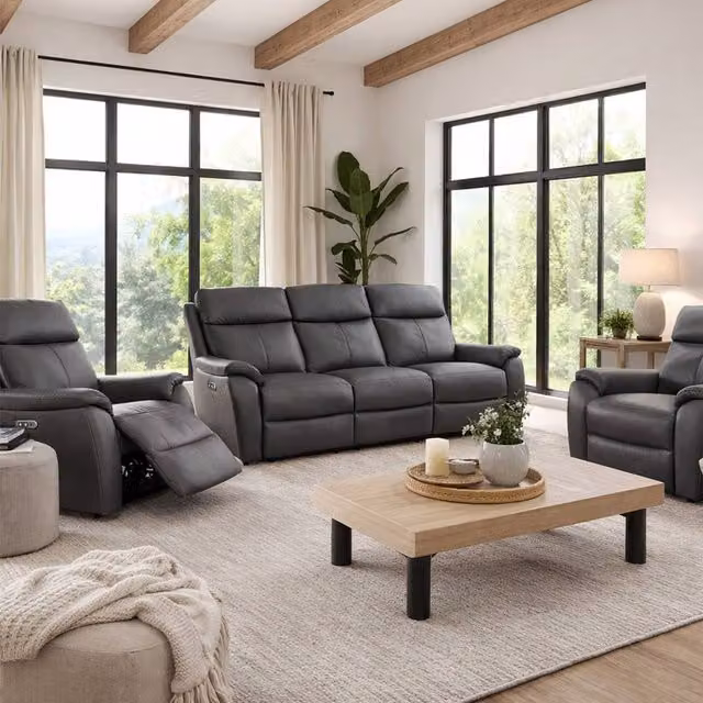 Aspire Kingsmere Power Recliner Sofa Set in Charcoal Grey with 3 Seater Sofa and 2 Armchairs, Featuring USB Charging and Synthetic Leather Upholstery