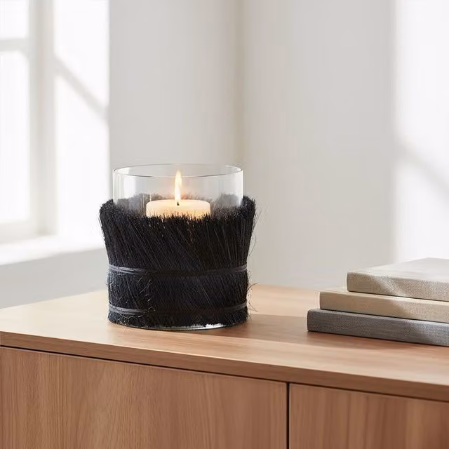 Orsina Modern Round Black Glass and Rattan Taper Candle Holder – 2