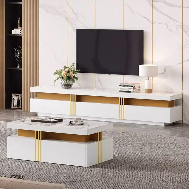 BTM White Glossy TV Stand and Coffee Table Set with 5 Drawers