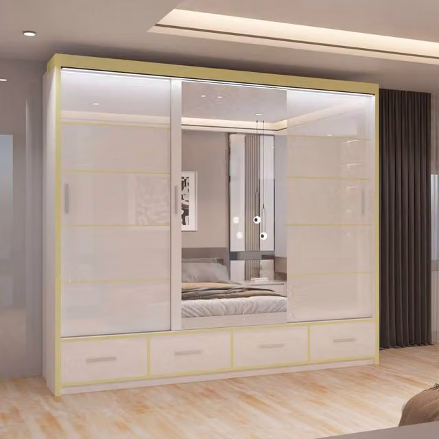 MN Furniture Modern High Gloss Sliding Mirror Wardrobe with LED Lighting in White and Gold, W/H: 253 x 220 cm