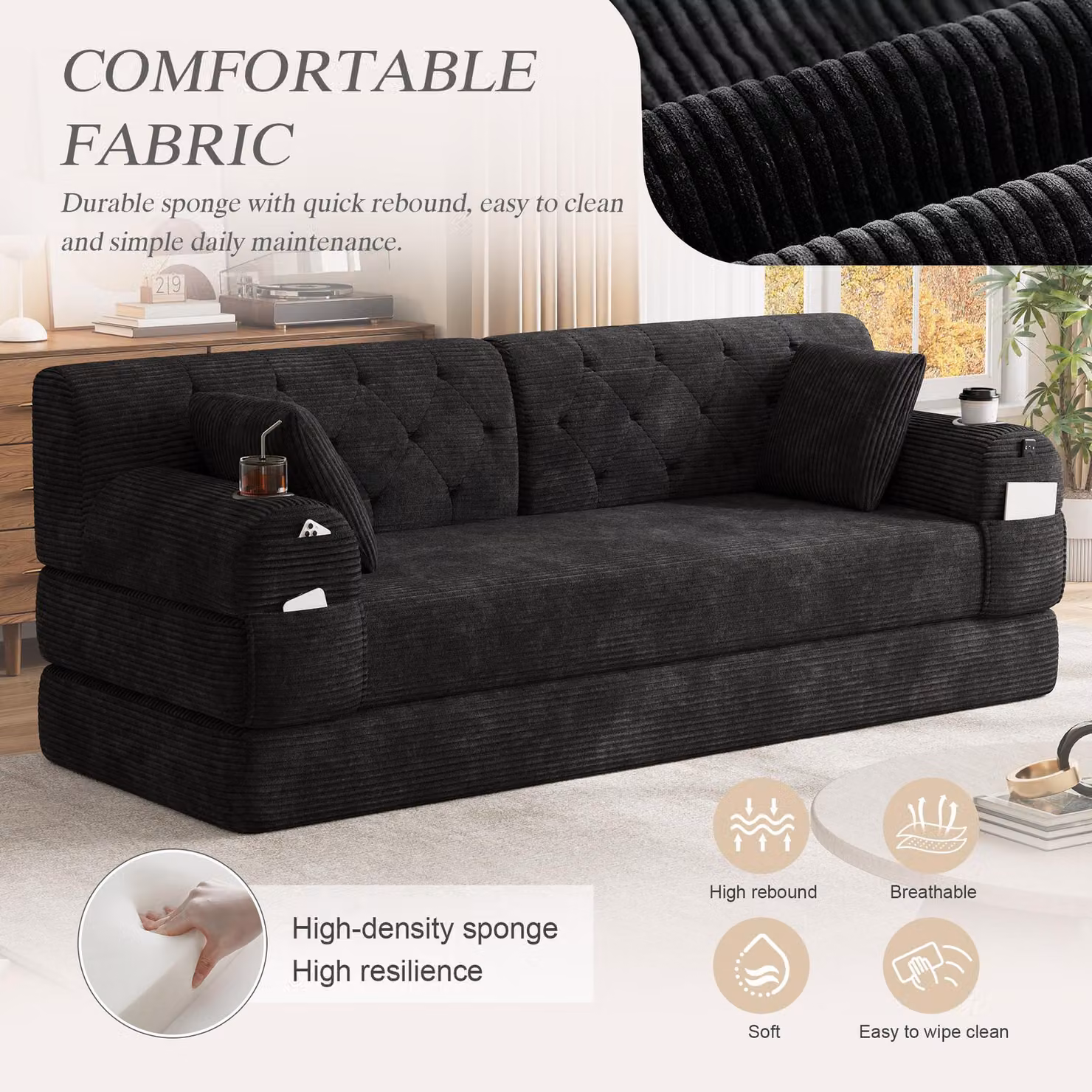 Aosom UK Black Corduroy Convertible Sleeper Sofa with High-Density Foam and Metal Frame, W: 80 cm, D: 208 cm, H: 81 cm – 4