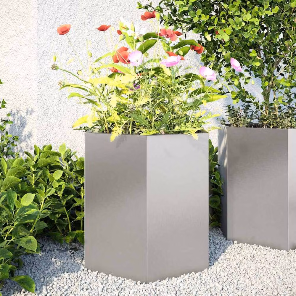 Berkfield Home Garden Hexagon Planter Set of 2, Silver Stainless Steel, W: 46 cm, D: 40 cm, H: 45 cm – 2
