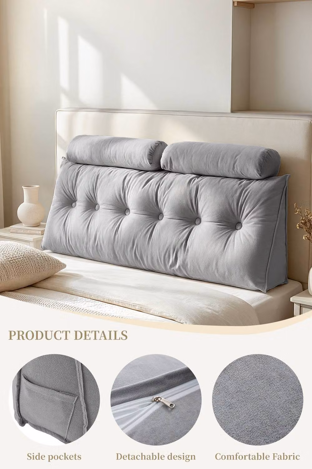 Living and Home Grey Wedge Headboard Pillow with Removable Chenille and Cotton Cover and 2 Bolster Pillows – 2