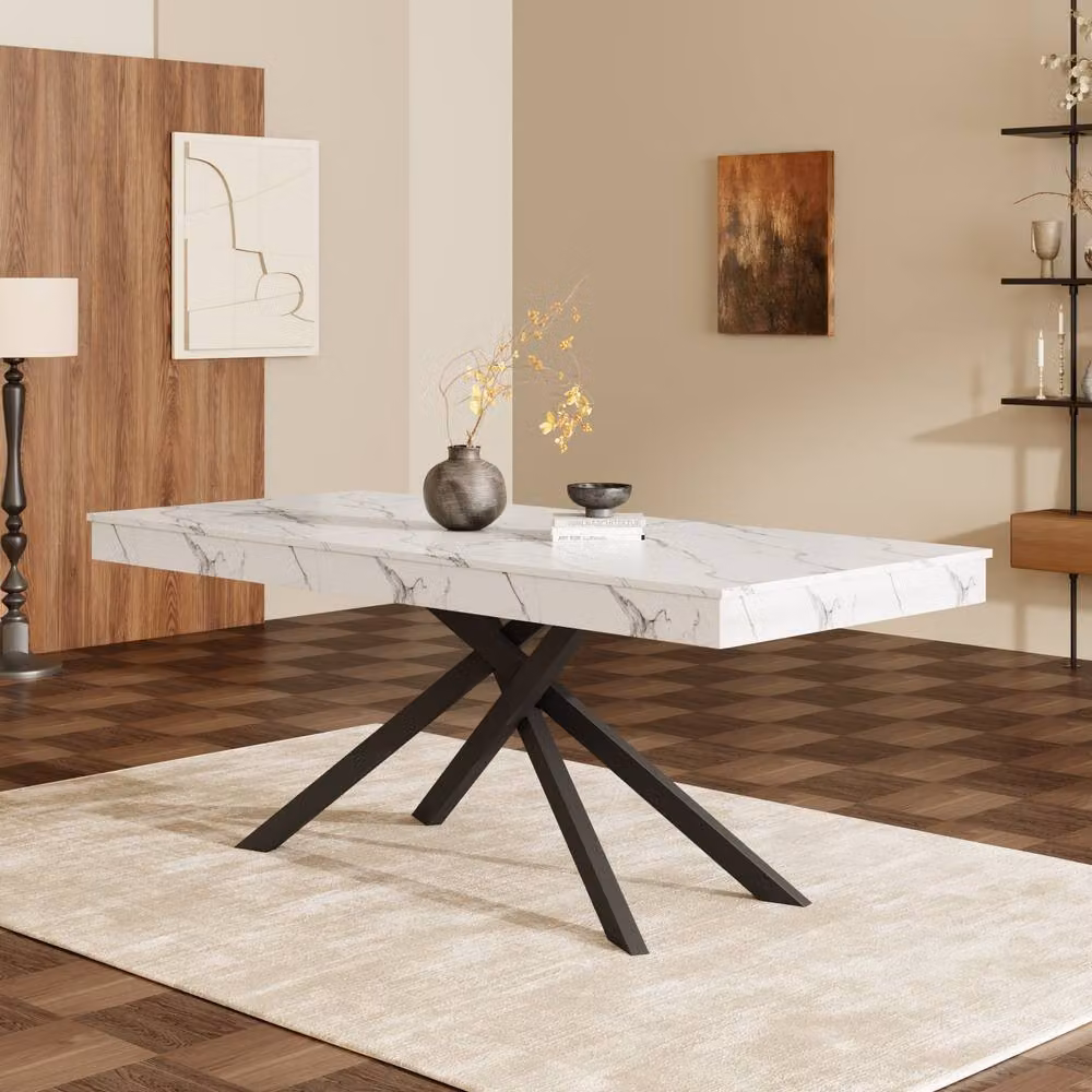ModernLuxe Extendable Rectangular Dining Table with Glossy White MDF Tabletop and Metal X-Frame Legs – 2