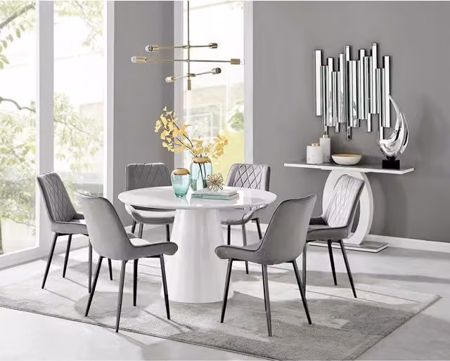 FurnitureboxUK Palma White High Gloss Round Dining Table and 6 Pesaro Black Leg Chairs in Grey