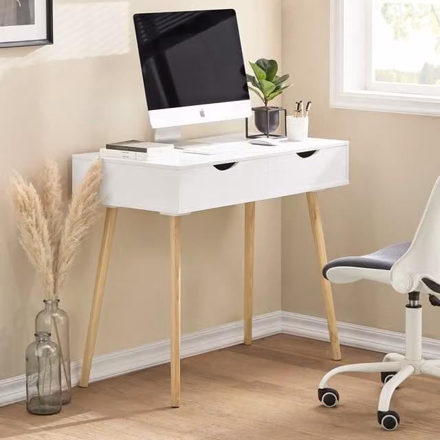 SoBuy Modern White Writing Desk with 2 Drawers for Home Office and Living Room