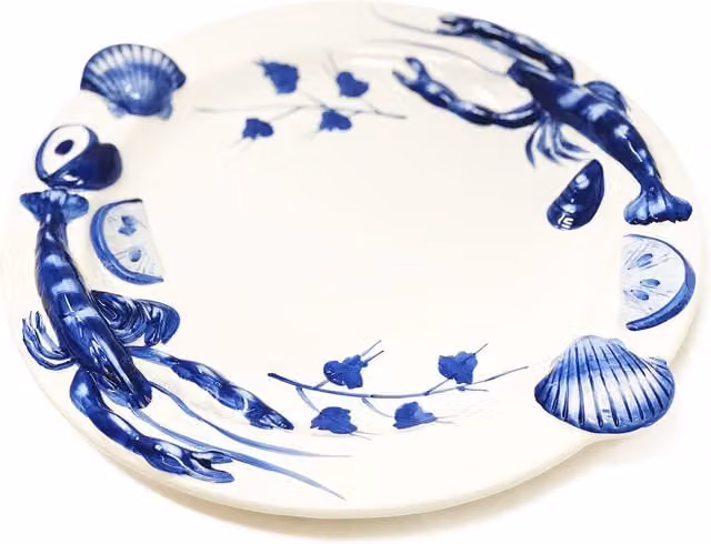 Verano Spanish Ceramics Hand Painted Sea Shell Round Serving Platter, White, Diameter: 33 cm