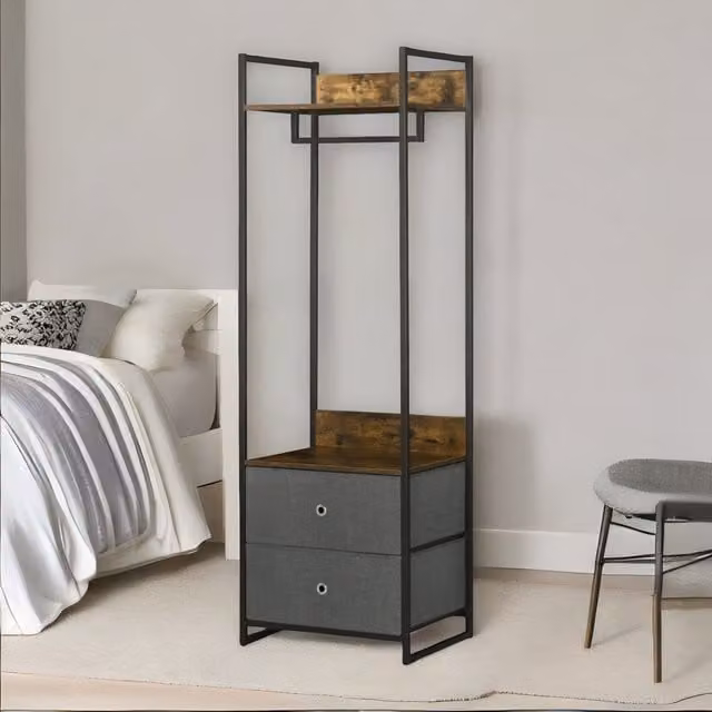Furnold Industrial Hall Tree Coat Rack with 2 Fabric Drawers in Brown