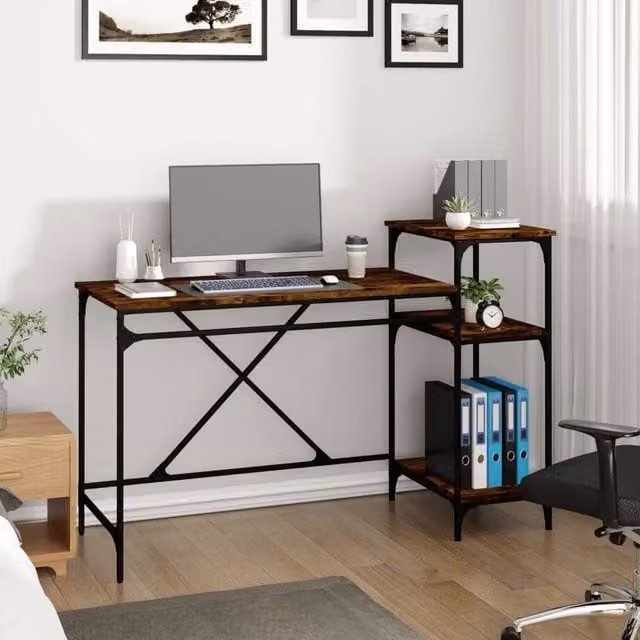 Berkfield Home Charming Writing Desk with Shelves in Smoked Oak Brown, W/D/H: 135 x 50 x 90 cm – 1