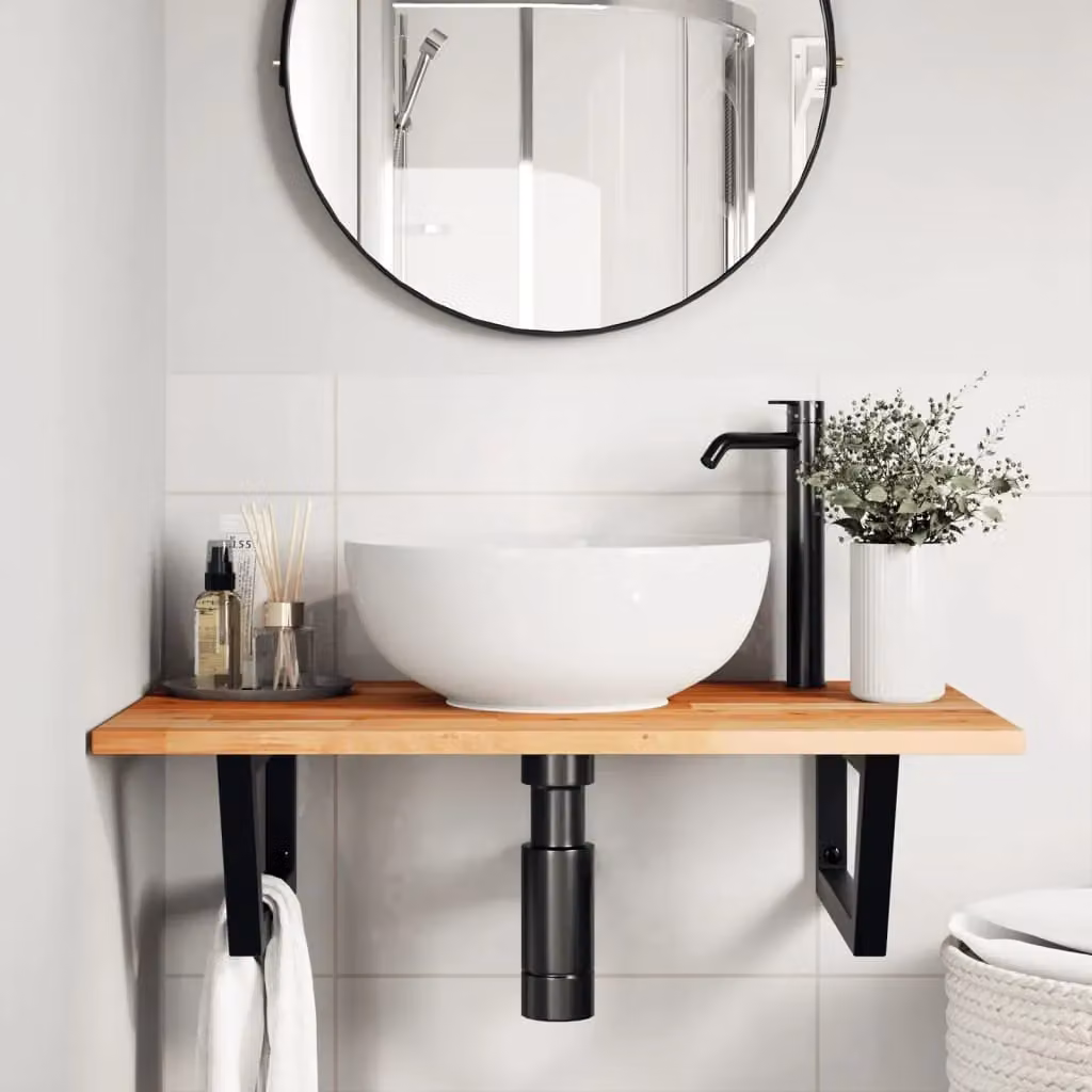 Berkfield Home Wall Mounted Basin Shelf in Brown Acacia Wood and Steel – 2