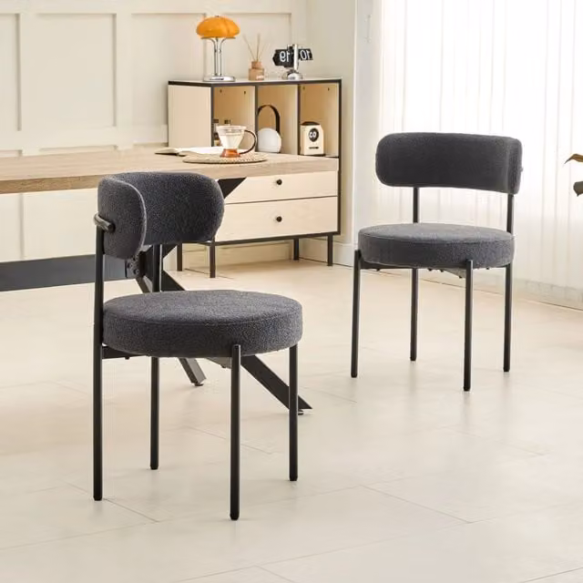 Xample Set of 2 Mid-Century Dining Chairs in Black Bouclé Fabric with Metal Legs, H 76 x W 50 x D 53 cm