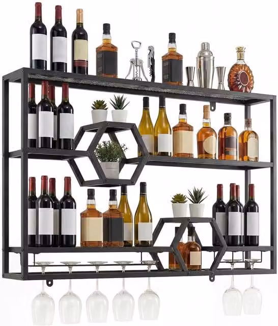 Costway 3 Tier Metal Wall Mounted Wine Rack with Glass Holder in Matt Black