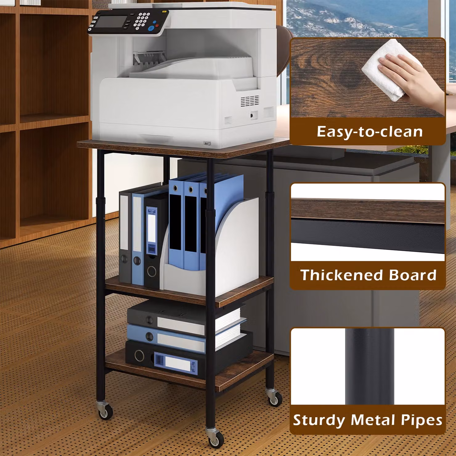 Costway 3-Tier Height Adjustable Printer Stand and Cart with Storage in Brown – 5