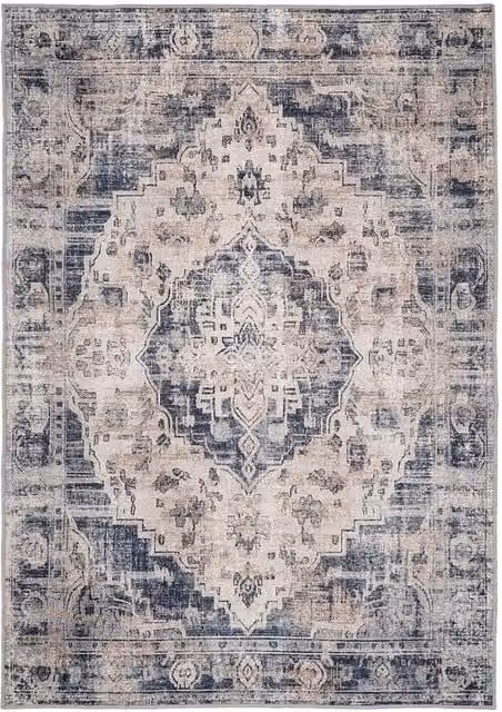 Kukoon Beige and Blue Distressed Vintage Medallion Soft Cotton Area Rug W: 80 cm, L: 150 cm