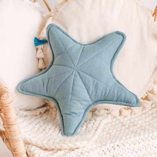 Minicamp Linen Starfish Round Cushion in Mint Green and Blue, Diameter: 48 cm