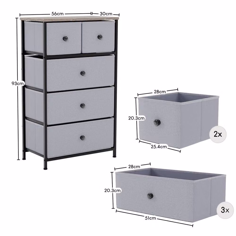 FORGEVIO Chorley 5 Drawer Chest of Drawers, Grey Fabric and Metal Tall Bedroom Storage – 2