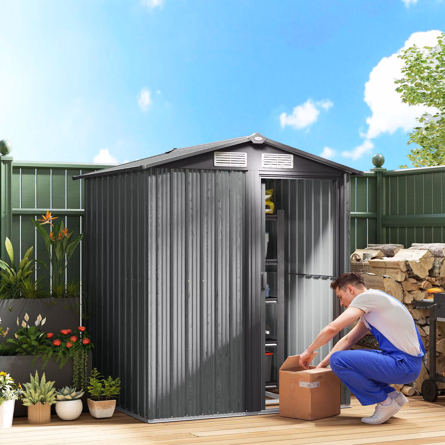 Outsunny Grey Wood Effect Outdoor Garden Storage Shed with Sliding Pent Roof and Roof Vent, W/D/H: 188.0 x 132.0 x 131.07 cm – 2