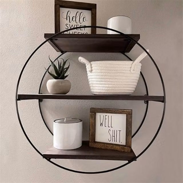 NESTLUNE Industrial Wall Mounted Multi Section Large Round Black Metal and Pine Wood Wire Shelf, W: 100 cm, D: 15 cm – 1