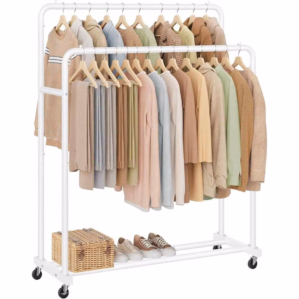 The Bazaarist Mobile Double Rail Clothes Rack in White – 2