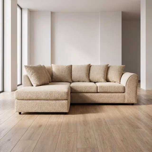 Abakus Direct Harriet Boucle Fabric Left Facing Corner Sofa with Chaise and Scatter Cushions in Sand – 1