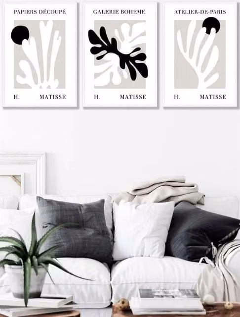 ARTZE Set of 3 Matisse Floral Cut Out Style Wall Art in Black and Beige with White Frames, W: 45 cm, H: 62 cm, D: 2 cm