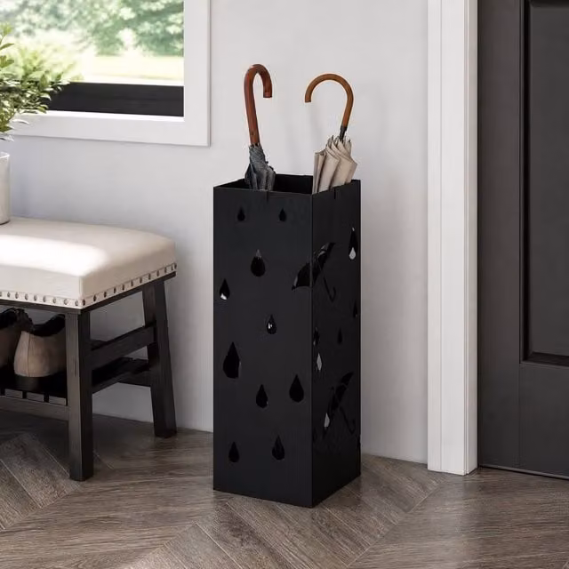 STILVORA Black Metal Umbrella Stand with 4 Hooks and Removable Tray – 1