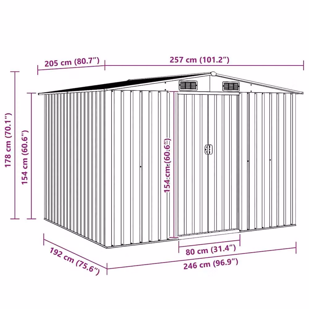 Berkfield Home Brown Galvanised Steel Garden Storage Shed with Sliding Gable Doors W/D/H: 257 x 205 x 178 cm – 6