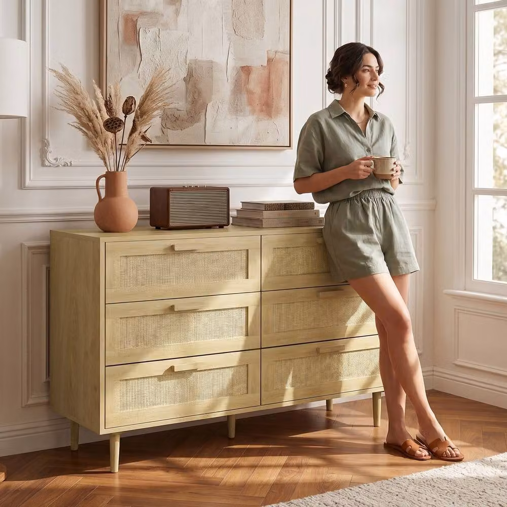 STILVORA Boho Style 6-Drawer Chest of Drawers with Rattan Detail in Brown and Beige – 4