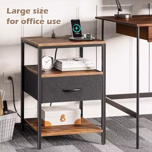 Xample Duffy Side Table with Charging Station, 3-Tier Narrow Bedside Table with Drawer and Media Compartments, Rustic Brown and Black – 5