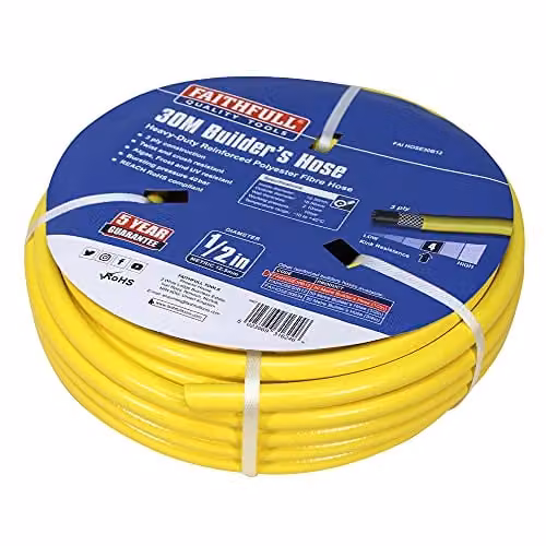 Faithfull Heavy-Duty Reinforced PVC Builders Hose, Yellow, Length: 30 m, Diameter: 12.5 mm – 1