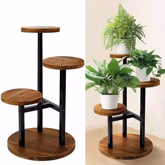 EONLION 3-Tier Metal and Wooden Plant Display Stand in Brown – 1