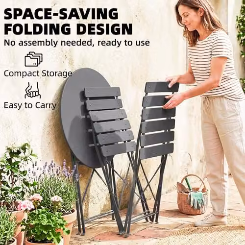 Outsunny 3 Piece Folding Bistro Set with Round Metal Garden Table and Chairs in Grey – 4