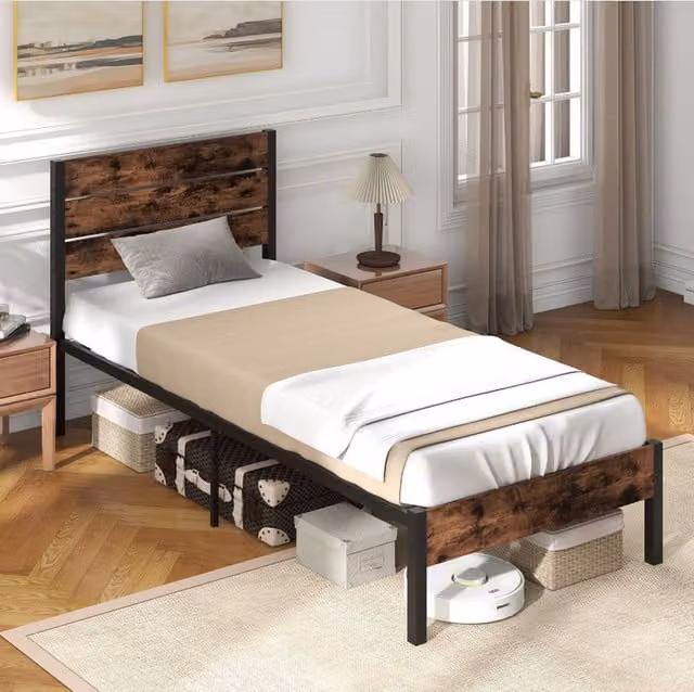 COSTWAY Industrial Metal Platform Bed Frame in Brown
