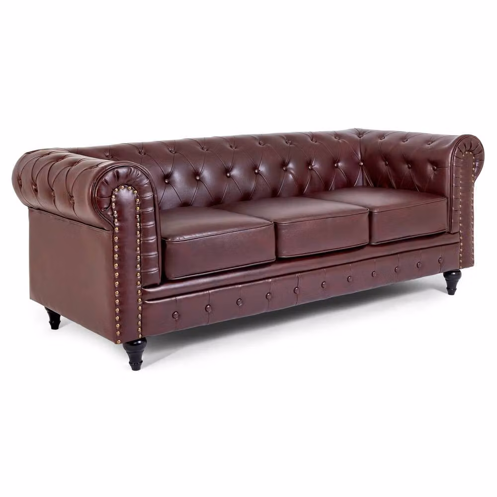 Bravich LTD Chesterfield Scroll Arm Faux Leather Settee in Brown, 2 Pack – 3